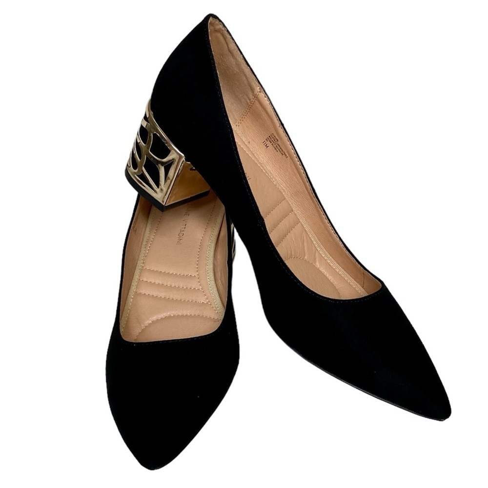 ADRIENNE VITTADINI Flori Pumps Faux Suede Black Gold Metal Heel Wrap Womens 11